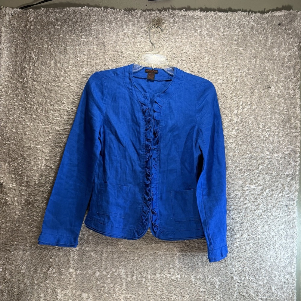 Sara Isabella Linen Cardigan Suit Blue Petite 6 Ruffle Details Preppy Coastal